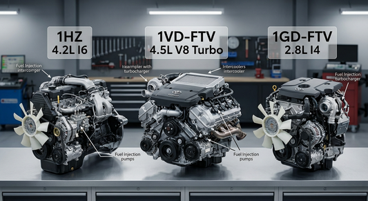 Comparison of Toyota Land Cruiser 70 Series diesel engines: 1HZ inline-6, 1VD-FTV V8, and 1GD-FTV inline-4 showing engine details and specifications.