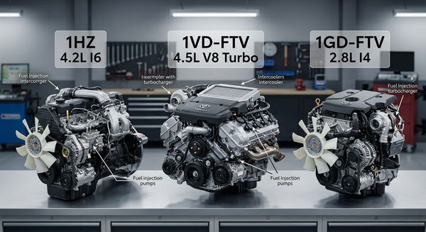 Comparison of Toyota Land Cruiser 70 Series diesel engines: 1HZ inline-6, 1VD-FTV V8, and 1GD-FTV inline-4 showing engine details and specifications.